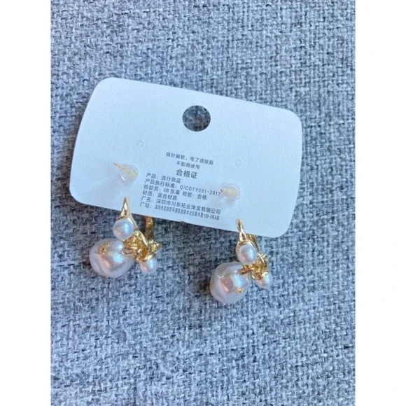 Gold Tone Irregular Hoop Earrings with Baroque imitation Pearl and Pearl Accents - Picture 8 of 8